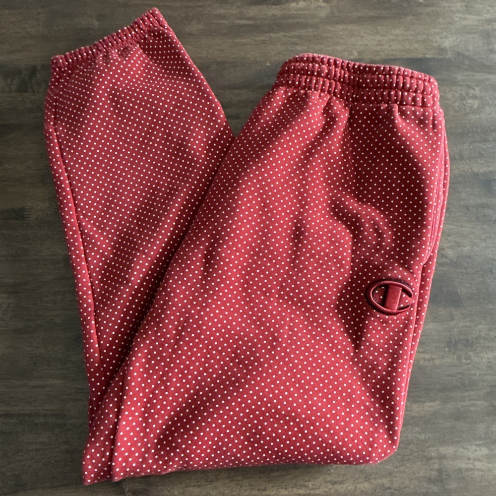 Champion Red White Polka‎ Dot Jogger Sweatpants Snap Pocket Closure Large